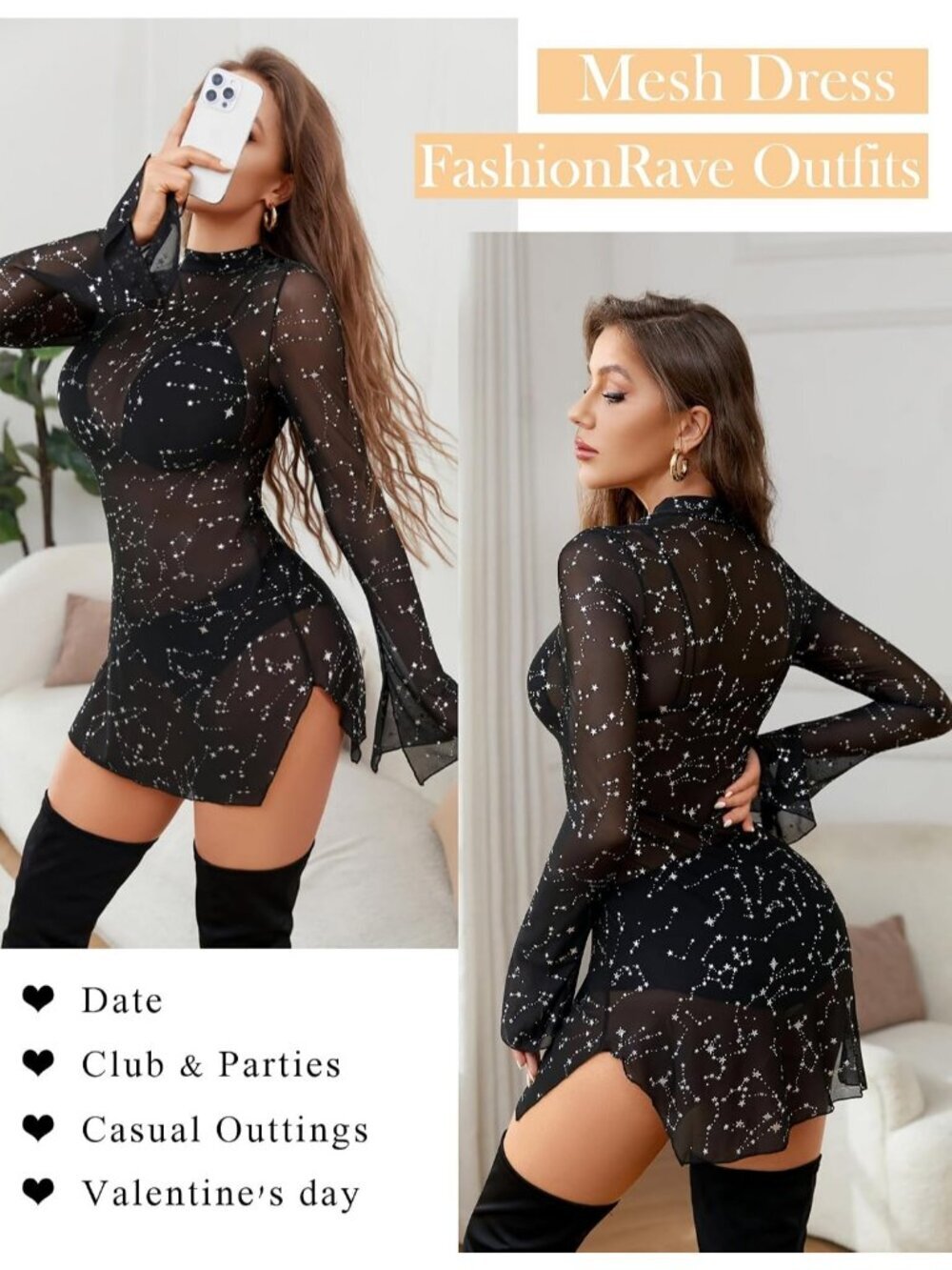 Women's Black Glitter Turtle Neck Long Sleeve Pull On Casual Bodycon Mini Dress - Picture 5 of 6